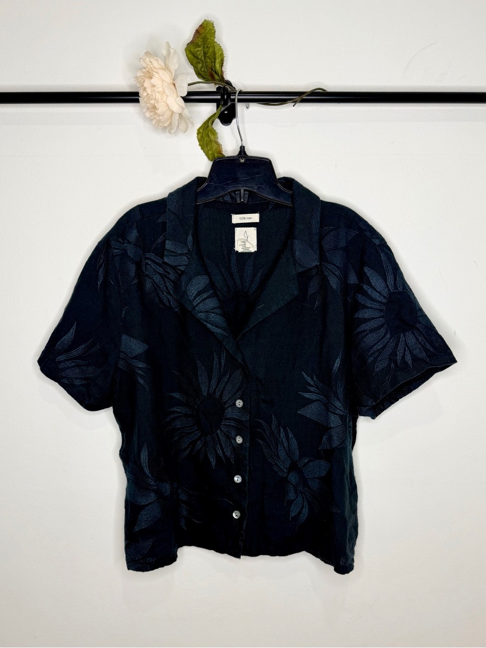 Joie 100% Linen Embroidered Floral Camp Shirt